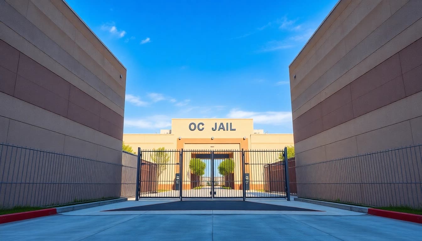 Showcase of OC Jail entrance featuring strong security features and greenery.
