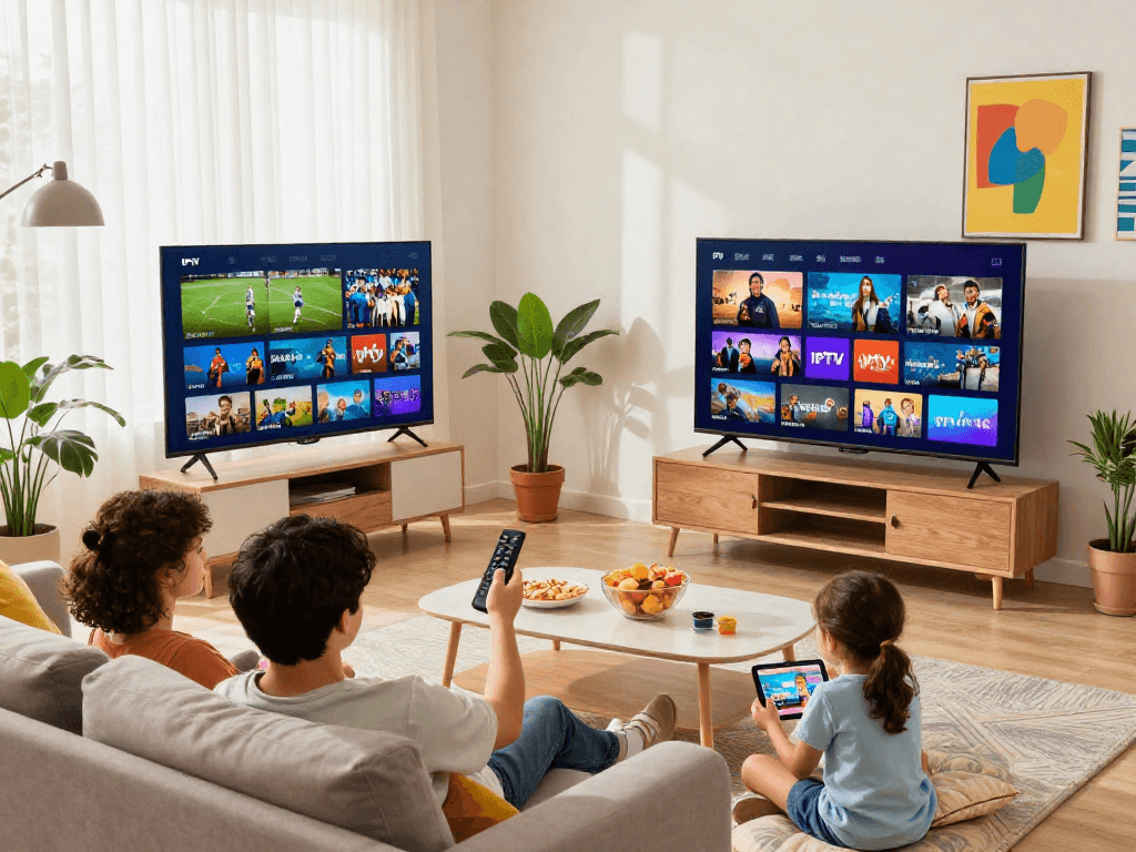 Home setting showcasing family enjoying IPTV service source with smart TV and snacks.