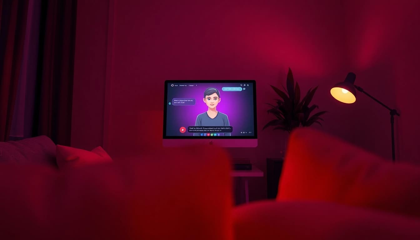 Engaging in sex chat AI with a friendly virtual character in a cozy environment.