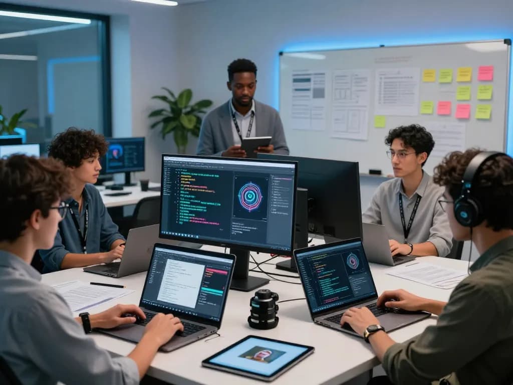 Team of AI developers using an image to prompt ai tool for collaborative project.