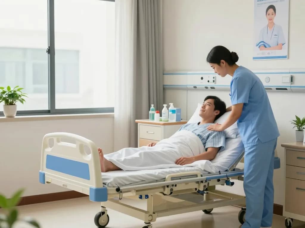 giường bệnh nhân in a modern hospital room with a caregiver assisting a patient, bright and welcoming atmosphere.