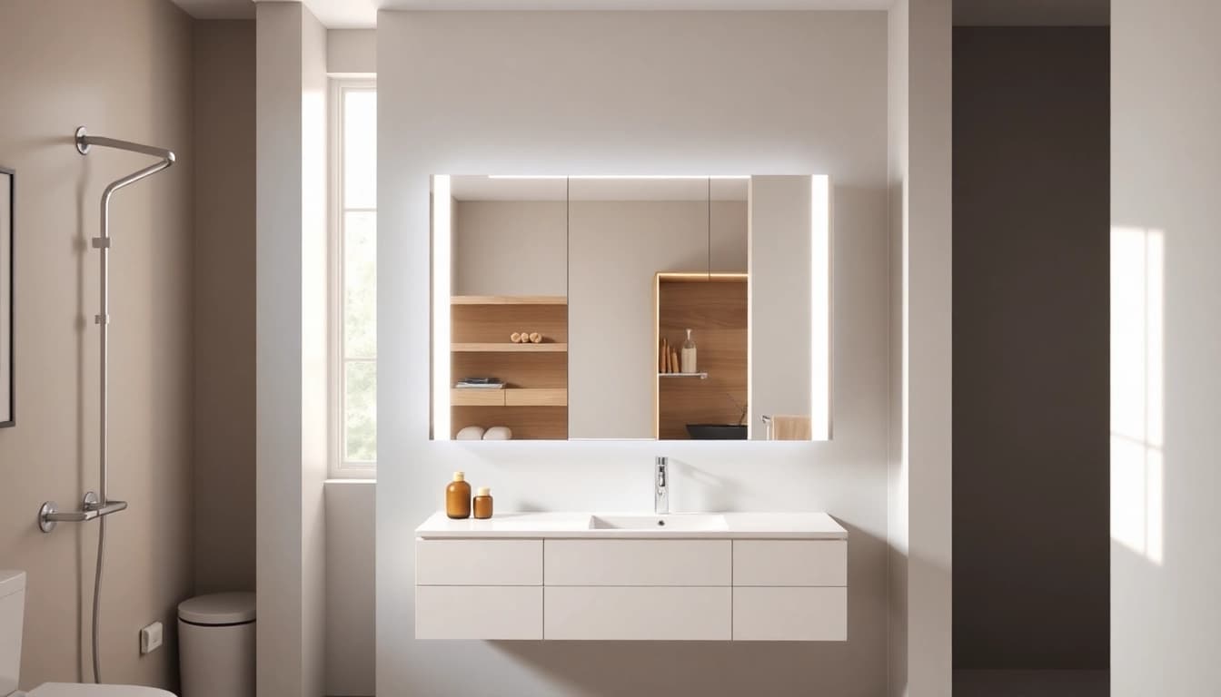 Spiegelschrank mit LED Beleuchtung im modernen Badezimmer, das praktischen Stauraum bietet.