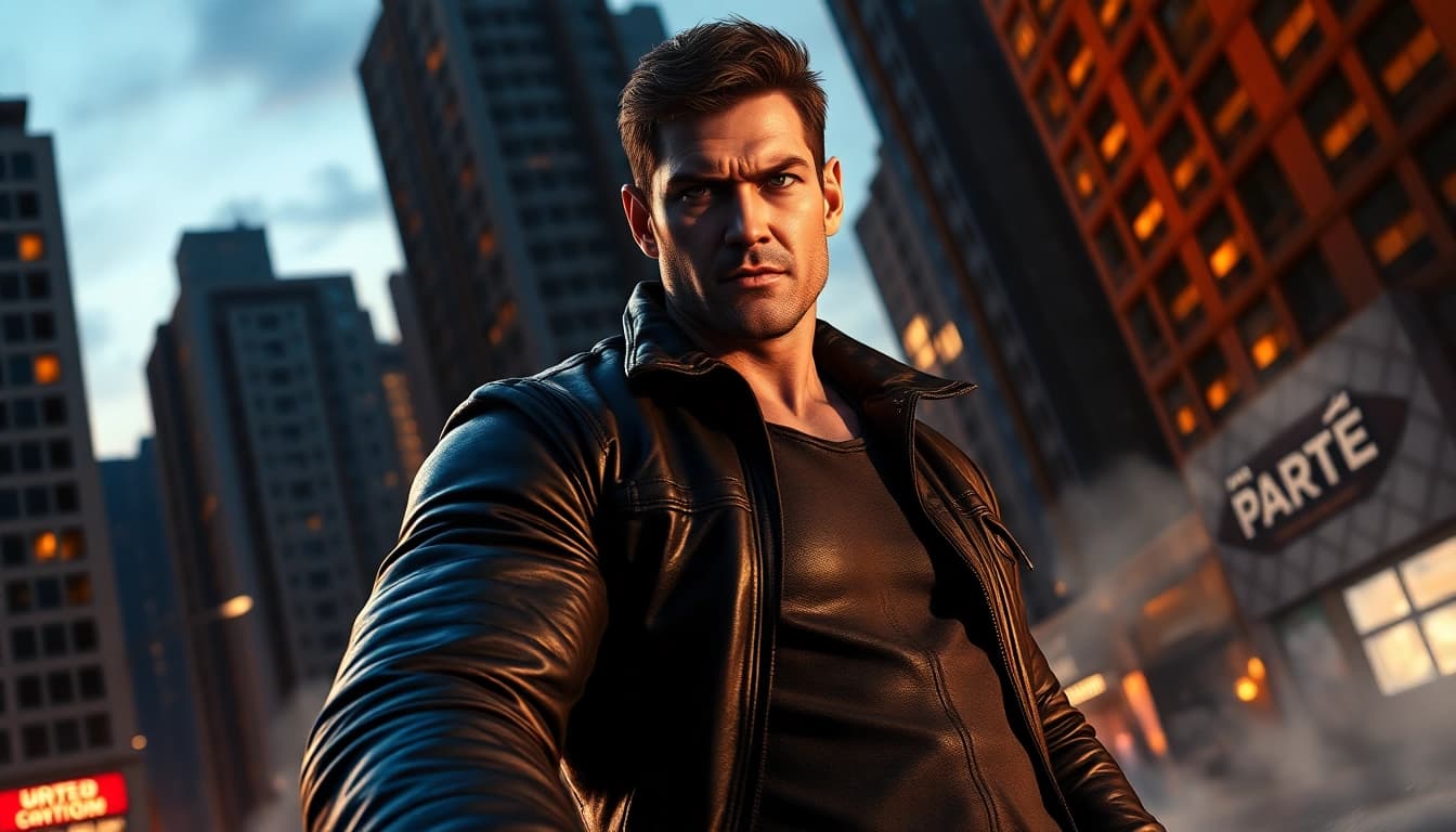 Hero stands ready in an urban setting, embodying action better than Reacher in a dramatic scene.