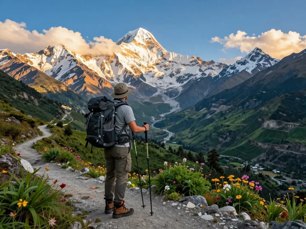 Annapurna Circuit trekking adventure with a traveler overlooking dramatic mountain scenery during golden hour.