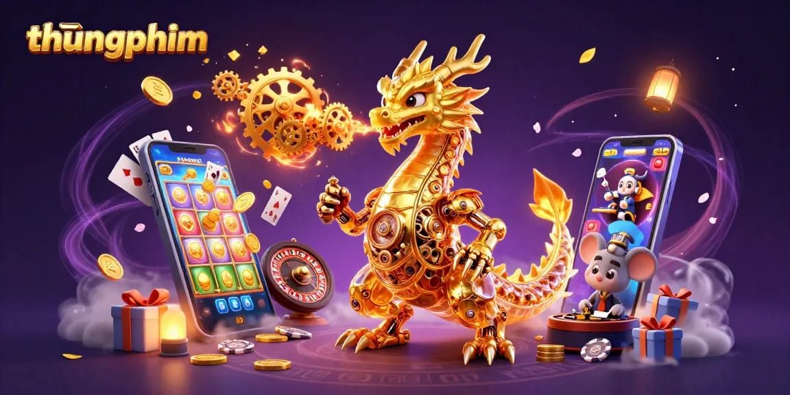Win big at thungphim with a vibrant 3D illustration featuring a golden dragon and thrilling gaming elements.