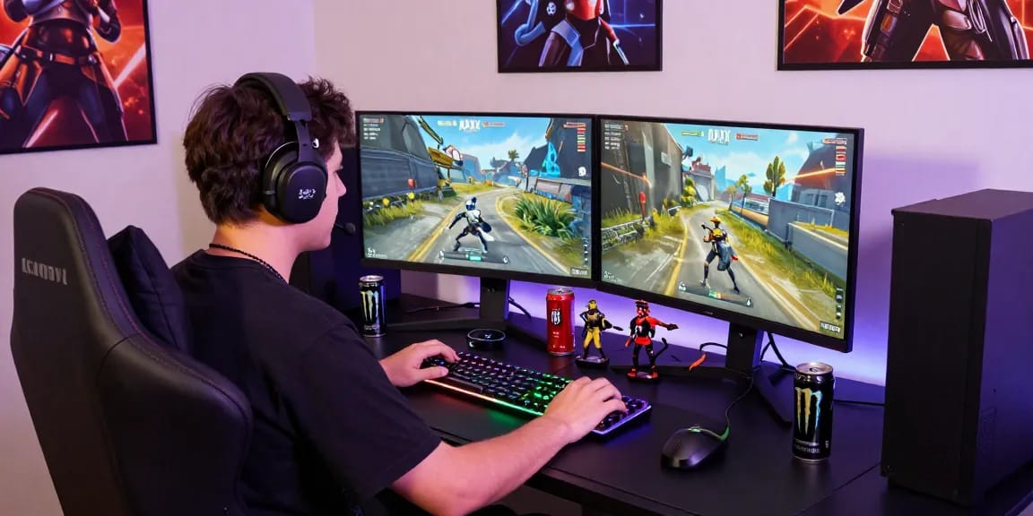 Apex Legends ESP in action on dual screens, showcasing gameplay and immersive gaming environment with collectibles.