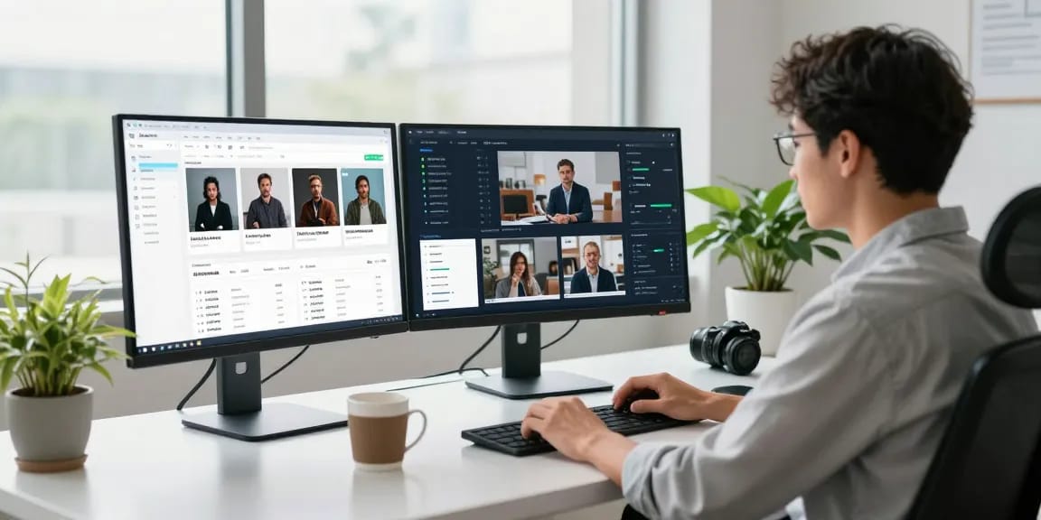 AI detector in use by a data analyst monitoring flagged content on multiple screens in a modern workspace.