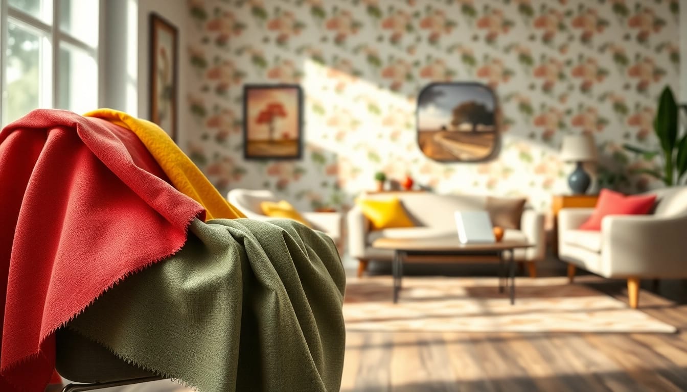 Bekijk decoratieve stof met unieke patronen en kleuren in een moderne zaal.
