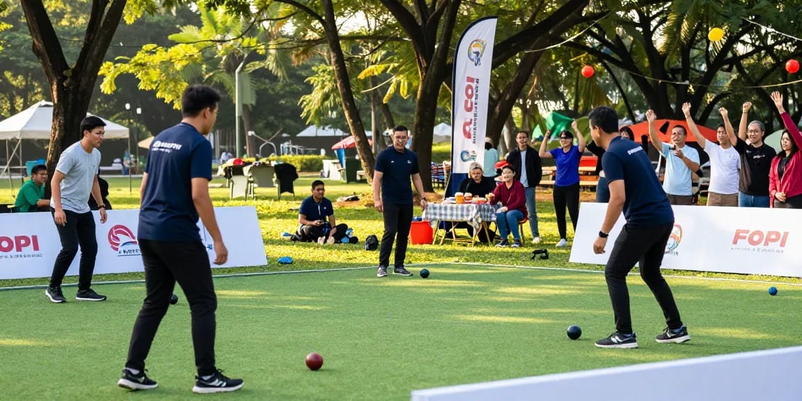 Aktivitas turnamen petanque di fopikotaparepare.org dengan peserta beragam dan suasana ceria di taman.
