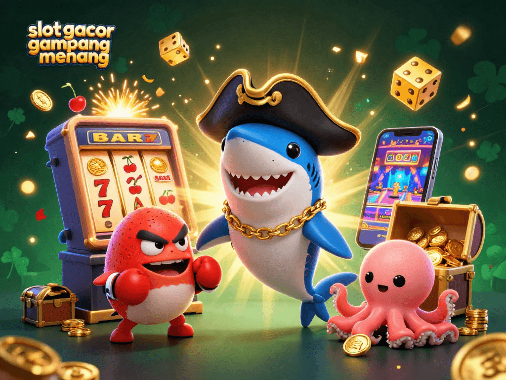 Action-packed scene showcasing slot gacor gampang menang with cartoon characters and jackpot elements in a vibrant casino