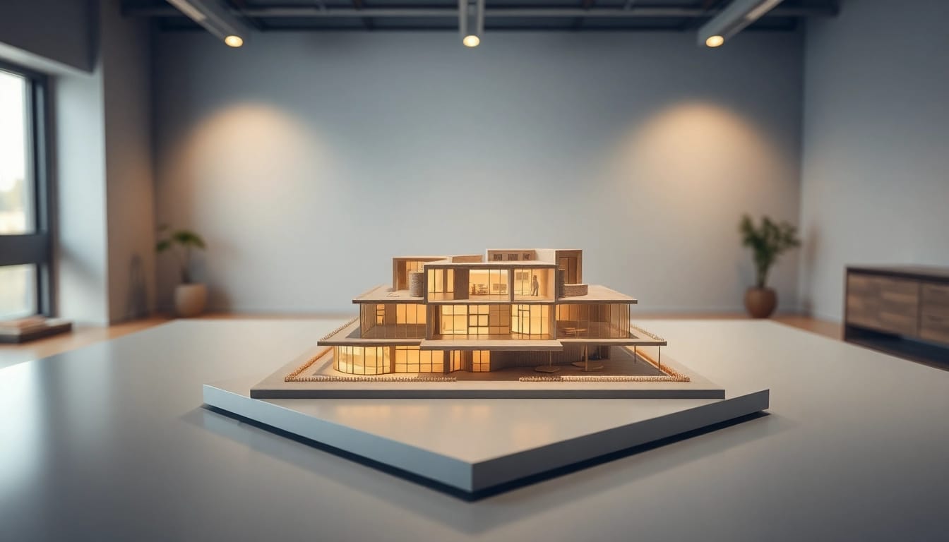 Architekturmodellbau Darmstadt in einem professionellen Architekturbüro mit subtilen Details und realistischen Texturen.