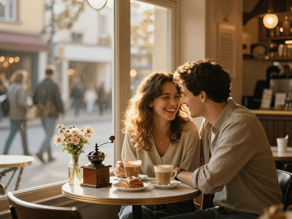 A couple enjoying coffee in a romantic café, capturing the joy of a crush on someone special.