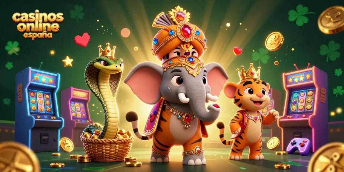 Los mejores casinos online en España presentan un tigre maharaja y un elefante con elementos de juego vibrantes.