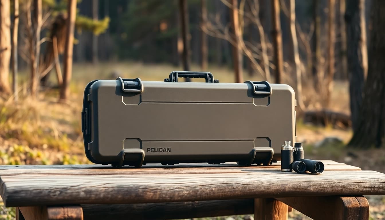 Showcasing a pelican rifle case in an outdoor setting, highlighting its design and durability.