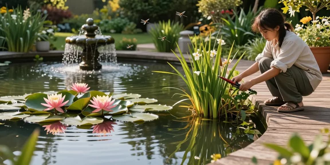 Water Lilies floating on a serene garden pond with a gardener pruning plants, creating a tranquil atmosphere.