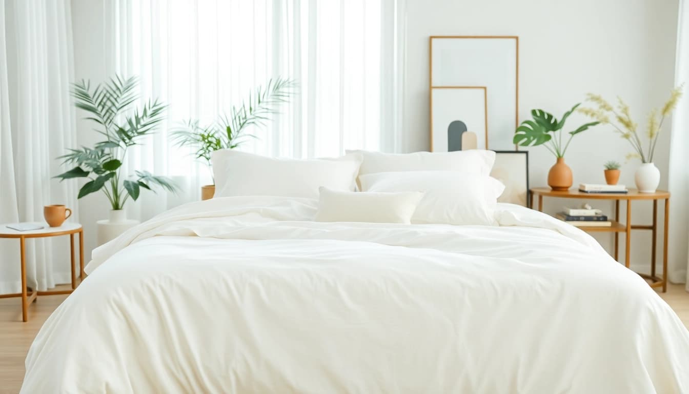 Vibrant percale katoen beddengoed in een kalme slaapkamer, benadrukt zachte details.