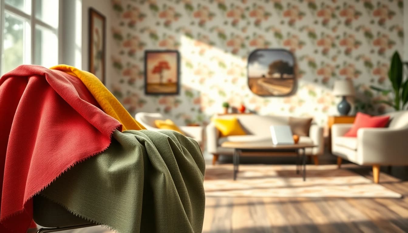 Bekijk decoratieve stof met unieke patronen en kleuren in een moderne zaal.