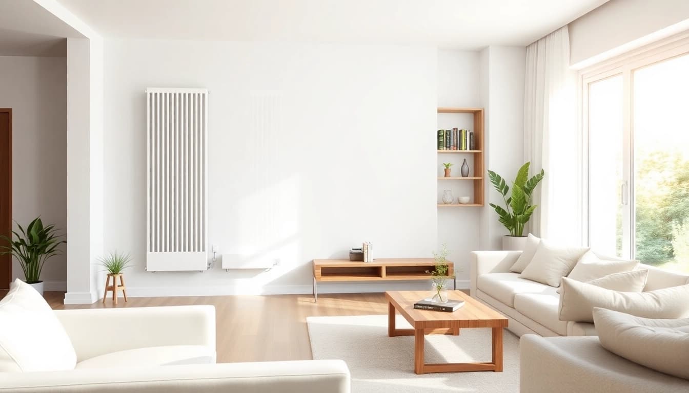 Heizkörper im modernen Wohnzimmer mit stilvollem Design und natürlichem Licht.