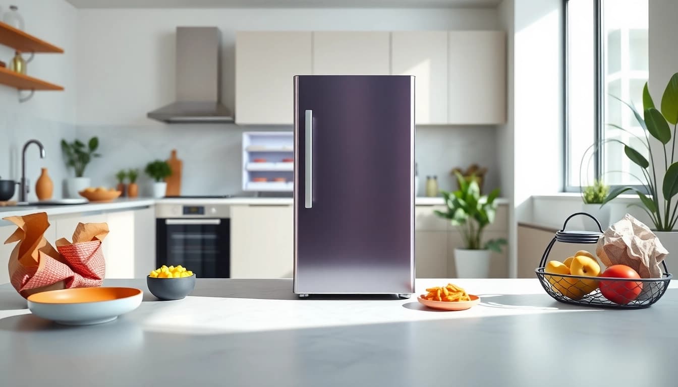 Showcasing an affordable mini fridge and freezer in a modern kitchen setting.