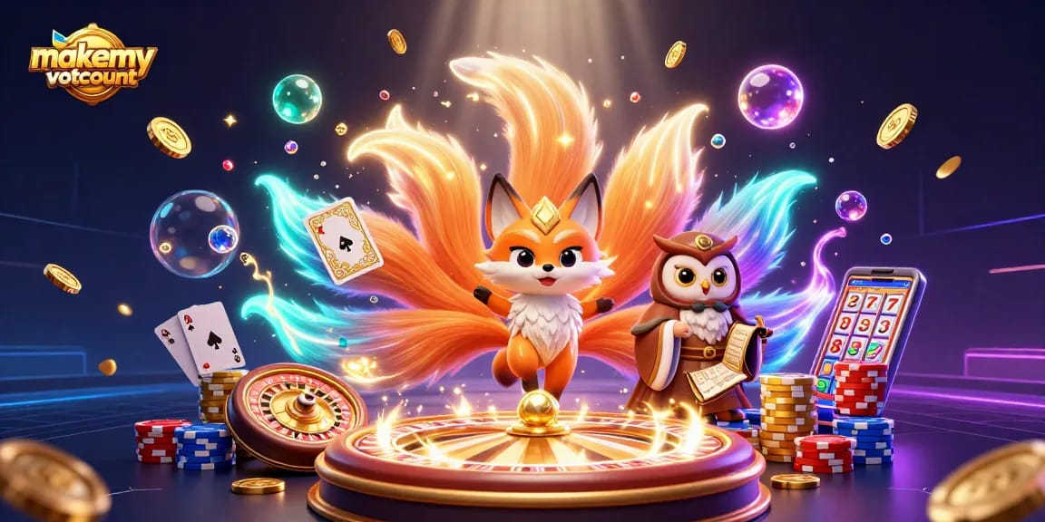 Engage with makemyvotecount in this vibrant casino scene featuring a nine-tailed fox and enchanting symbols.