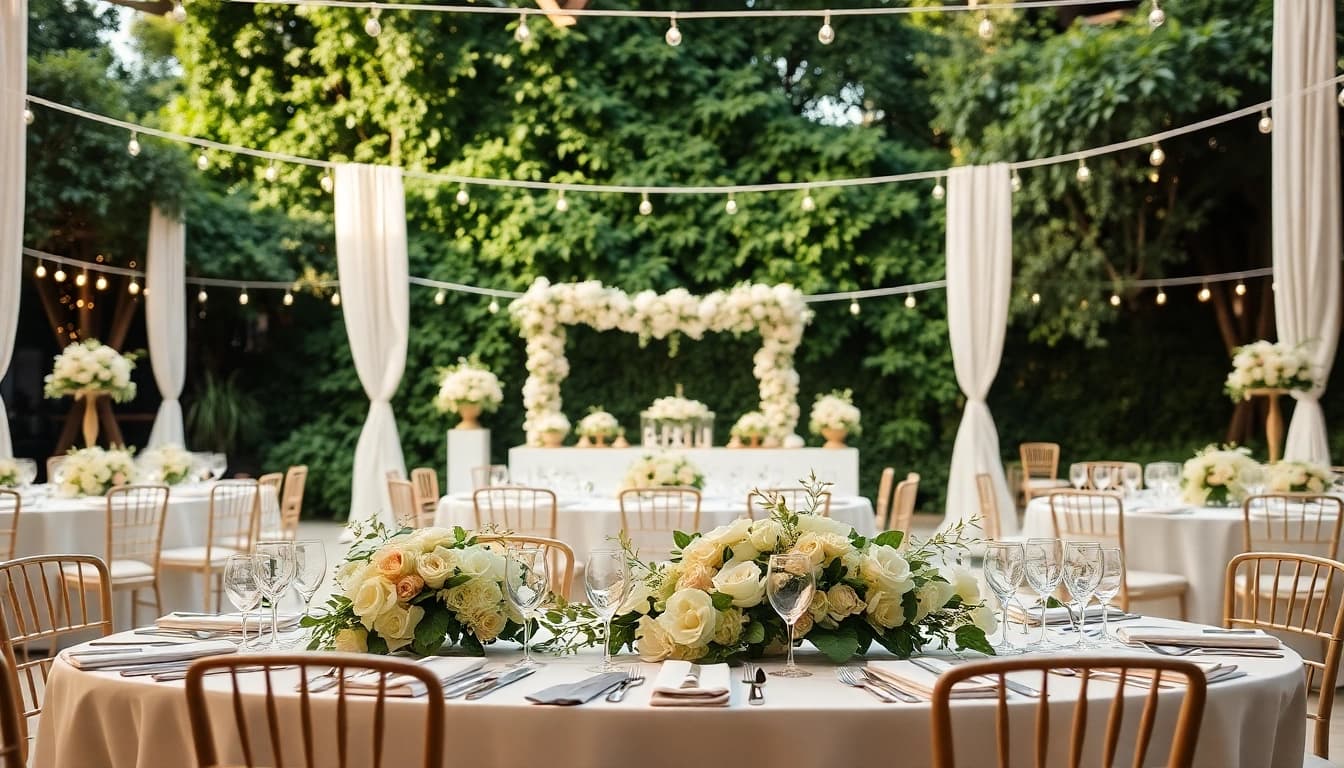 Showcasing stunning Wedding & Event Rentals in a romantic outdoor setup with elegant decor.