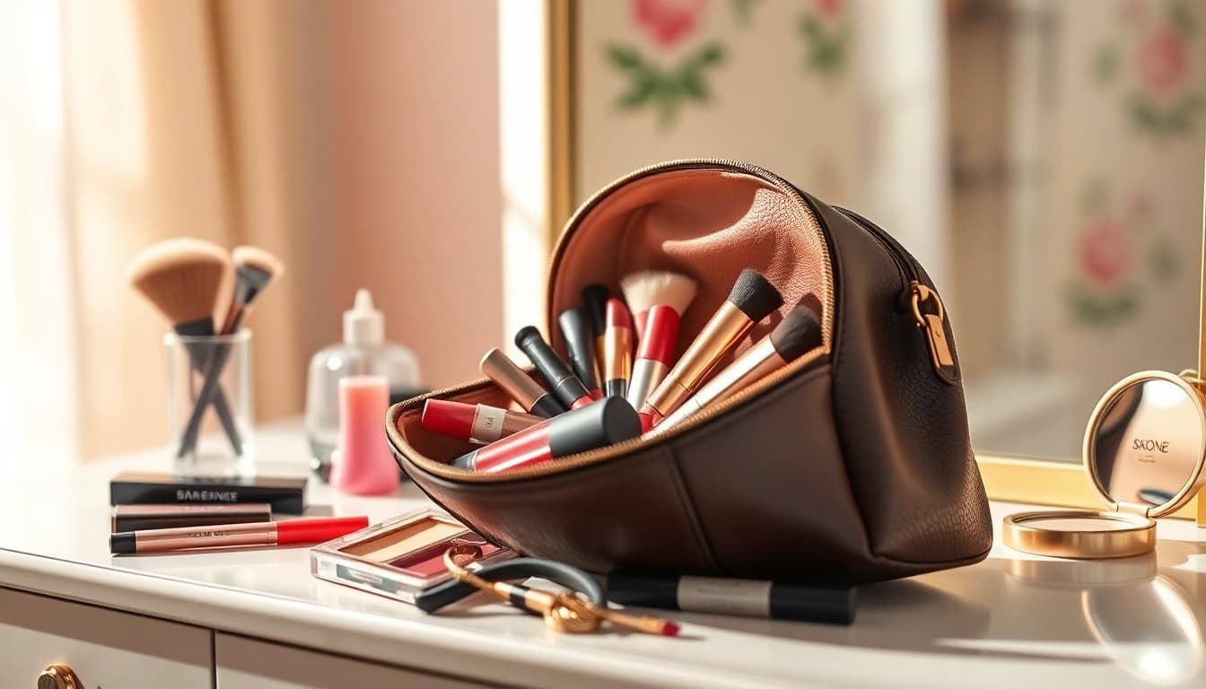 Stylish skone cosmetics signature makeup bag displayed with vibrant makeup products on a vanity.