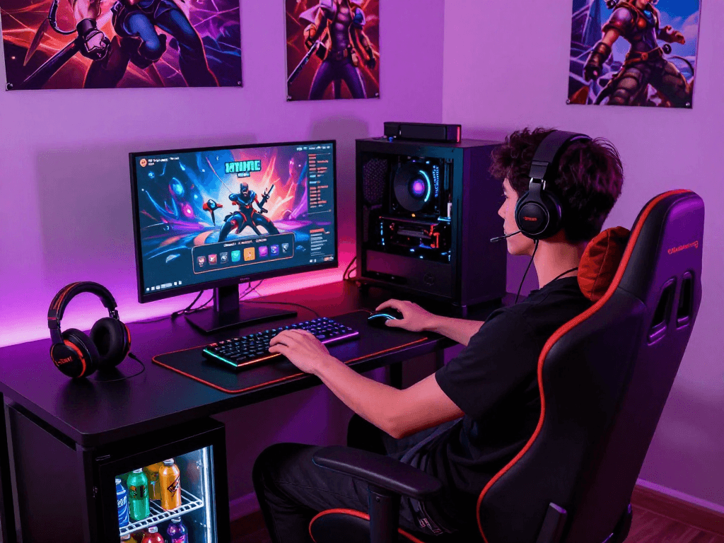Experience HTML porn games with an immersive gaming setup complete with colorful LED lights and accessories.