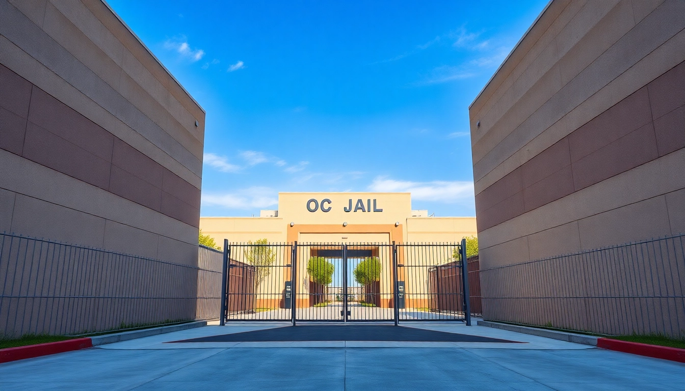Showcase of OC Jail entrance featuring strong security features and greenery.