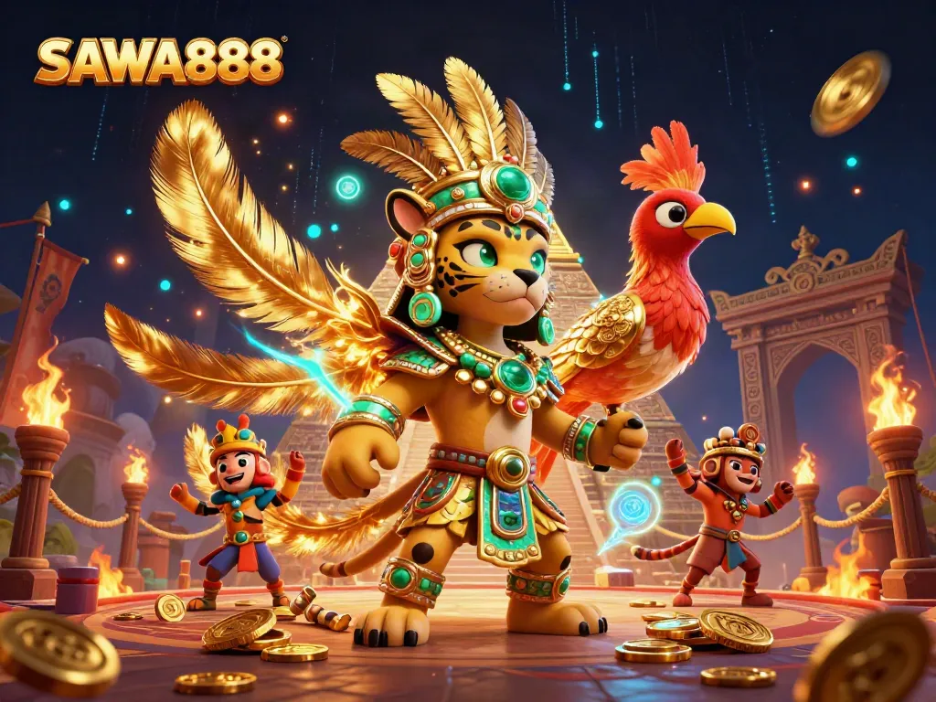 SAWA888 features a dynamic casino scene with a Mayan jaguar priest and golden coins, showcasing exciting betting action.