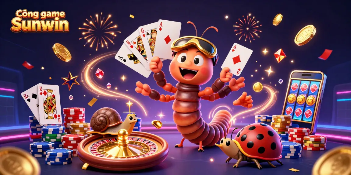 Cổng game Sunwin reveals excitement through a vibrant 3D casino scene with energetic characters and dynamic game elements