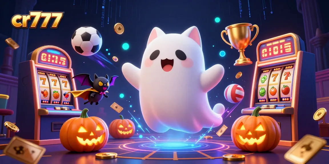 Gambarkan cr777 dengan kucing hantu dan elemen kasino yang menyala untuk pengalaman judi menegangkan.