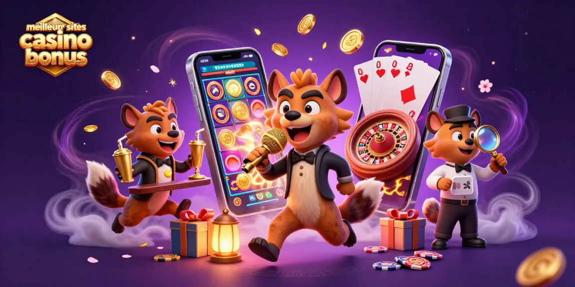 Visualisez les meilleurs sites casino bonus avec une illustration dynamique de personnages animés dans un casino.