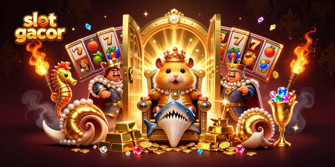 Play the slot gacor with a golden hamster king, surrounded by treasures and vibrant casino elements.