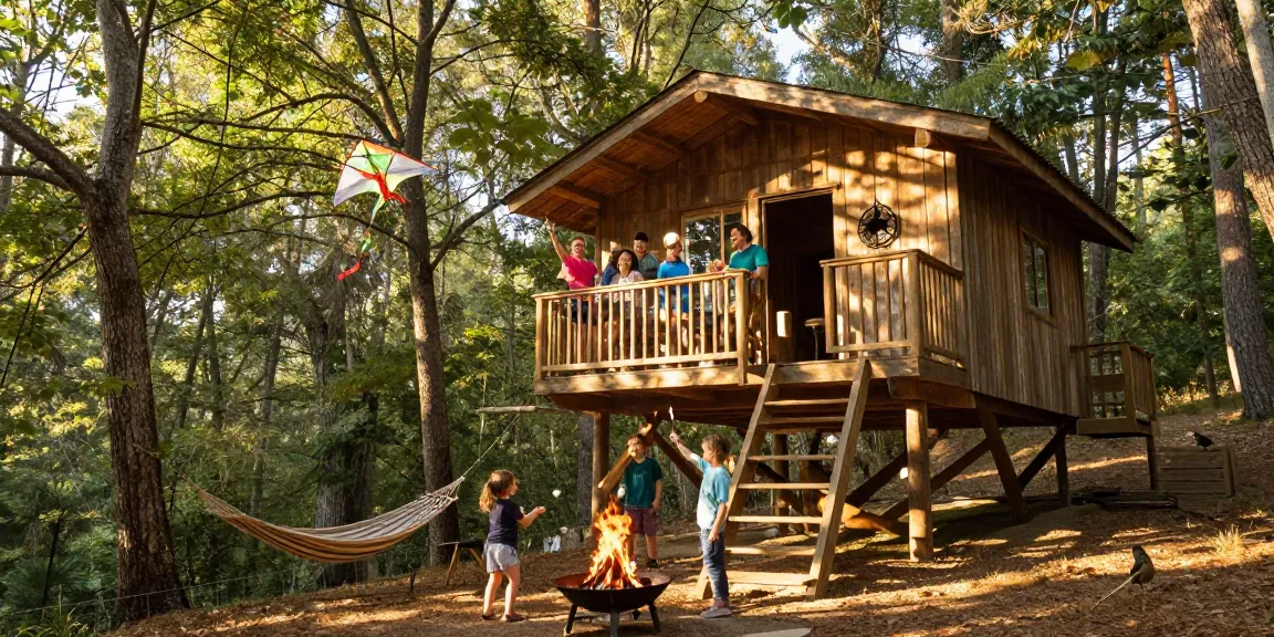 Family enjoying treehouses retreat with children playing outside in nature.