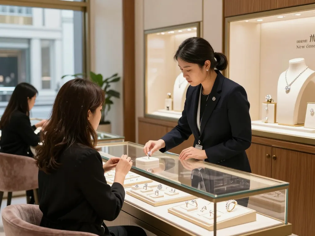 Jewelry collection published here in luxurious retail setting with sparkling designs.