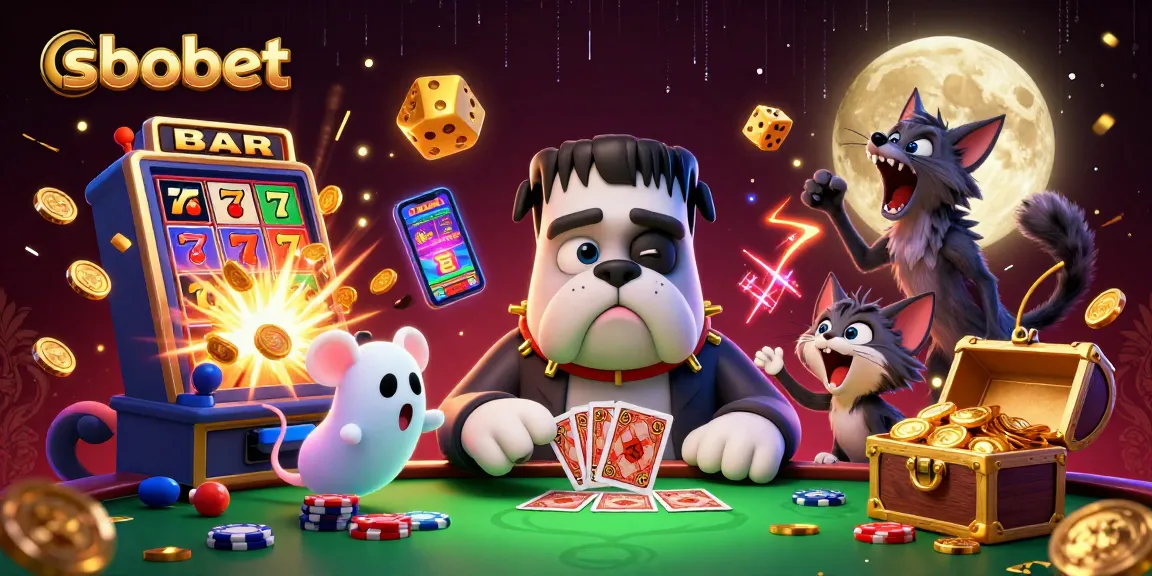 Experience sbobet sports betting excitement with a 3D cartoon scene filled with casino elements and characters.