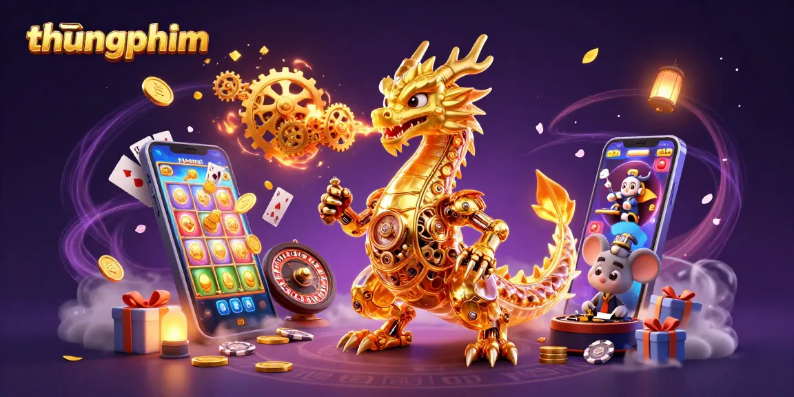 Win big at thungphim with a vibrant 3D illustration featuring a golden dragon and thrilling gaming elements.