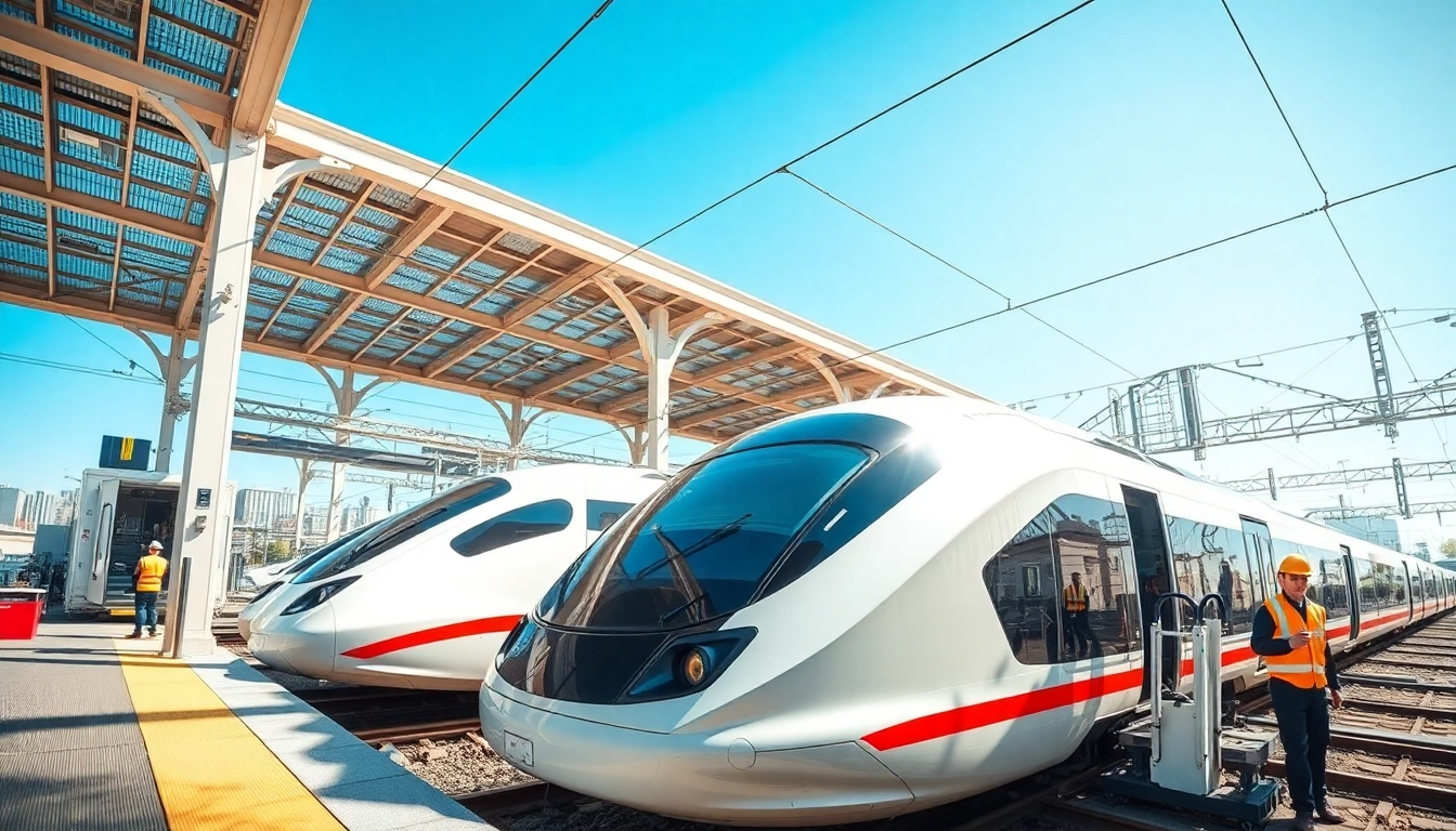 Dynamic scene of a rail systems company at work, highlighting modern trains and engineering excellence.