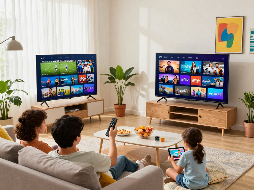Home setting showcasing family enjoying IPTV service source with smart TV and snacks.