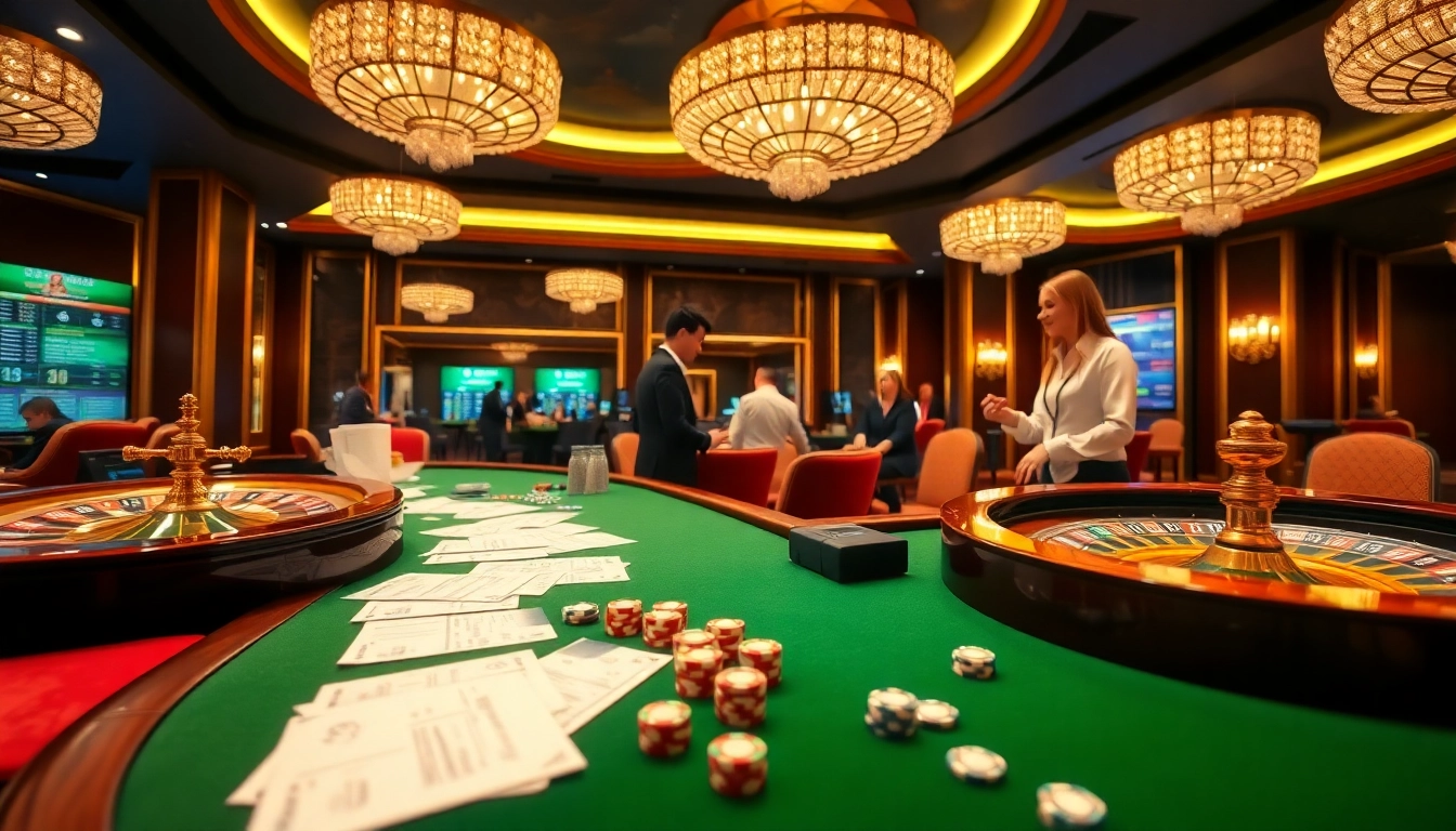 Engaging taruhan bola scene with players making bets at luxurious casino tables featuring poker chips and betting slips.