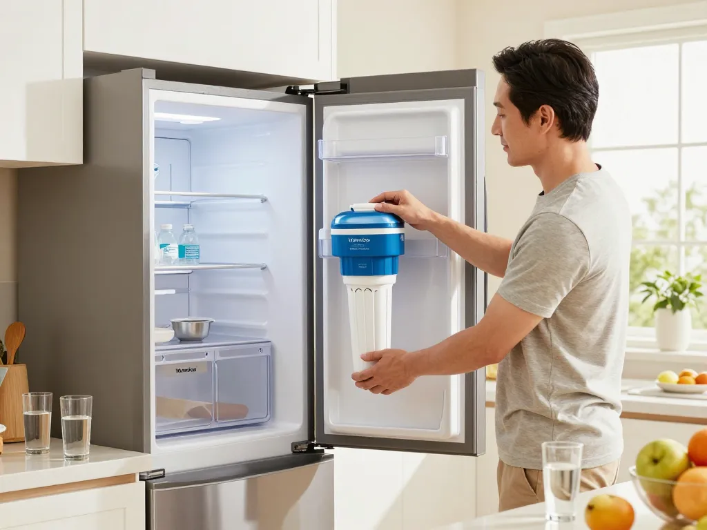 Waterdrop WD-F13 Replacement for GE® MWF® Water Filter being installed in a modern kitchen refrigerator to ensure clean drinking water.