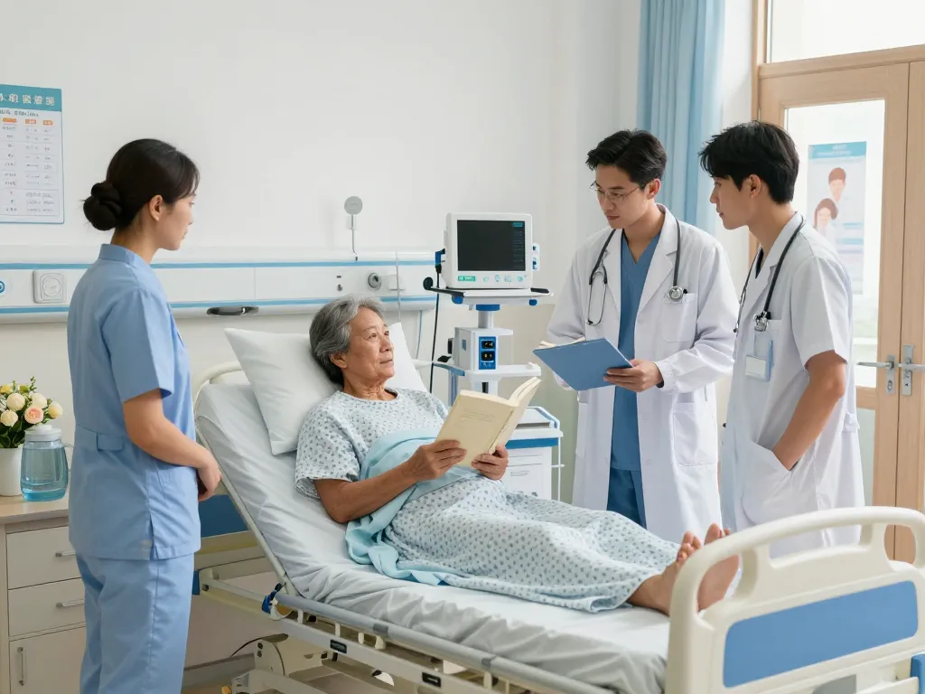 Healthcare professionals assisting a patient on a giường bệnh nhân in a bright hospital room.