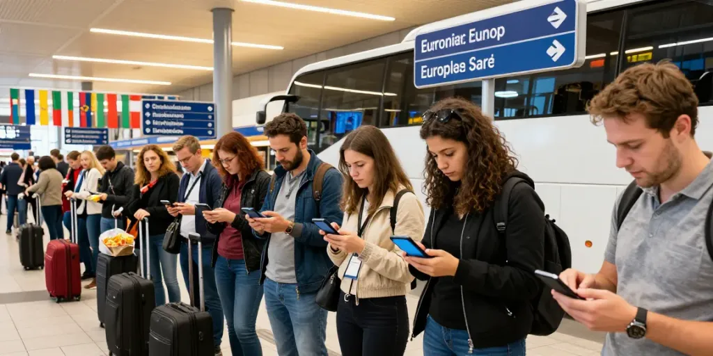 Transport Moldova Olanda: Călători așteptând autobuzul spre Europa, într-un terminal vibrant.