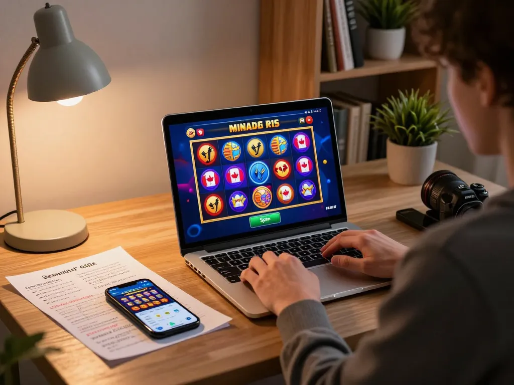 Engaging in online casinos in Canada reddit, a player spins a vibrant slot game on their laptop at home.