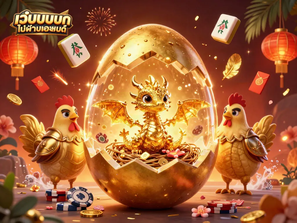 เว็บแทงบอล ไม่ผ่านเอเย่นต์ ภาพการ์ตูน 3D โกลเด้นไข่แตกออกเผยให้เห็นมังกรทองด้านใน พร้อมโป๊กเกอร์ชิป