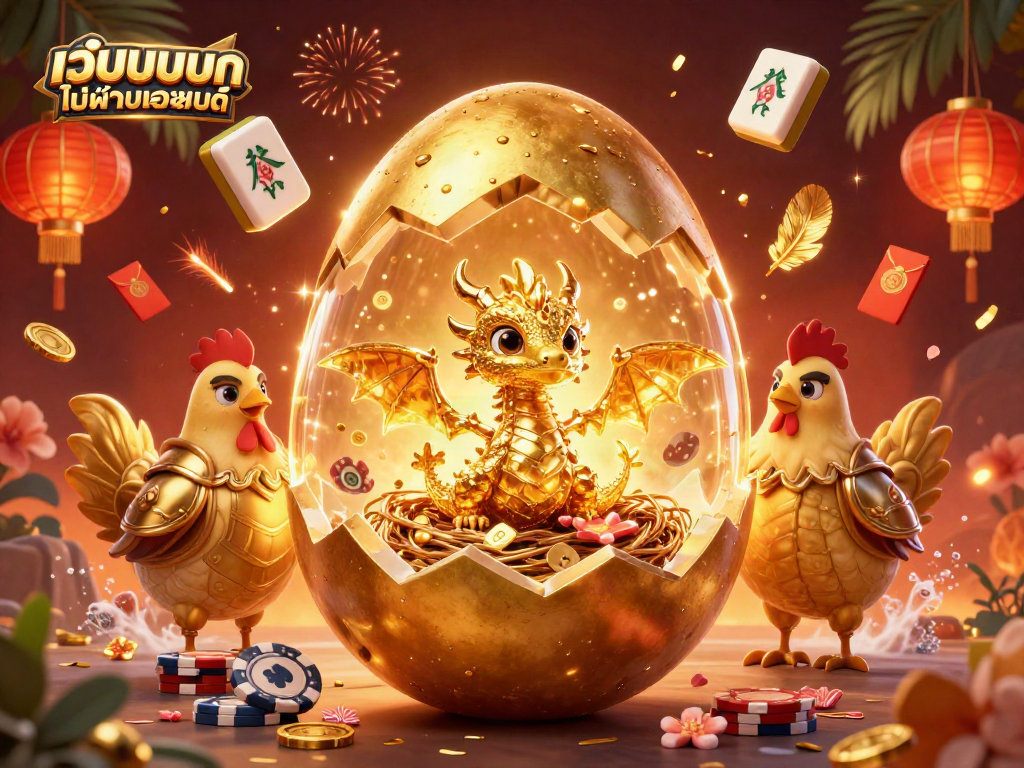 เว็บแทงบอล ไม่ผ่านเอเย่นต์ ภาพการ์ตูน 3D โกลเด้นไข่แตกออกเผยให้เห็นมังกรทองด้านใน พร้อมโป๊กเกอร์ชิป