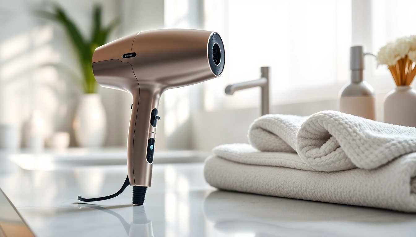 Effortlessly styled ionic hair dryer resting on a modern countertop, showcasing its sleek design.