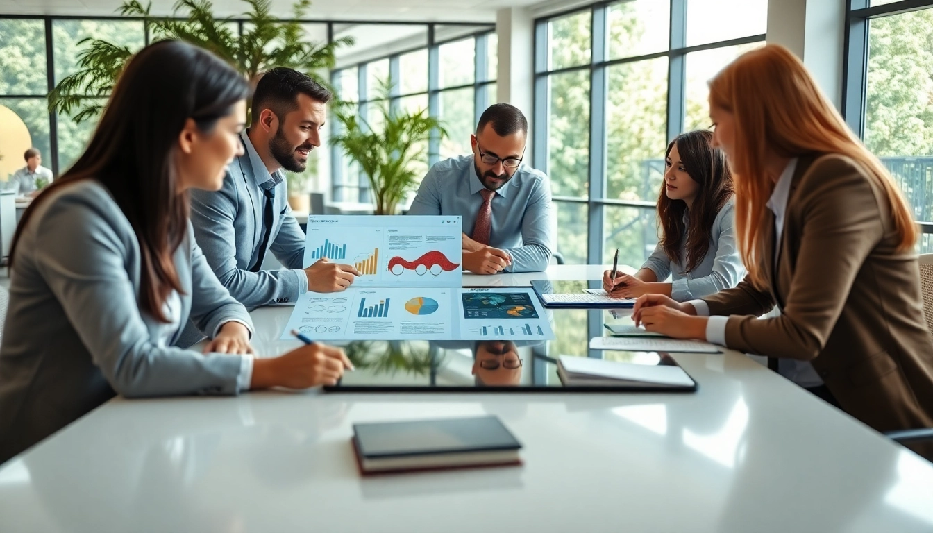 Team collaboration on Proposal Writing and Management illustrated in a modern office.