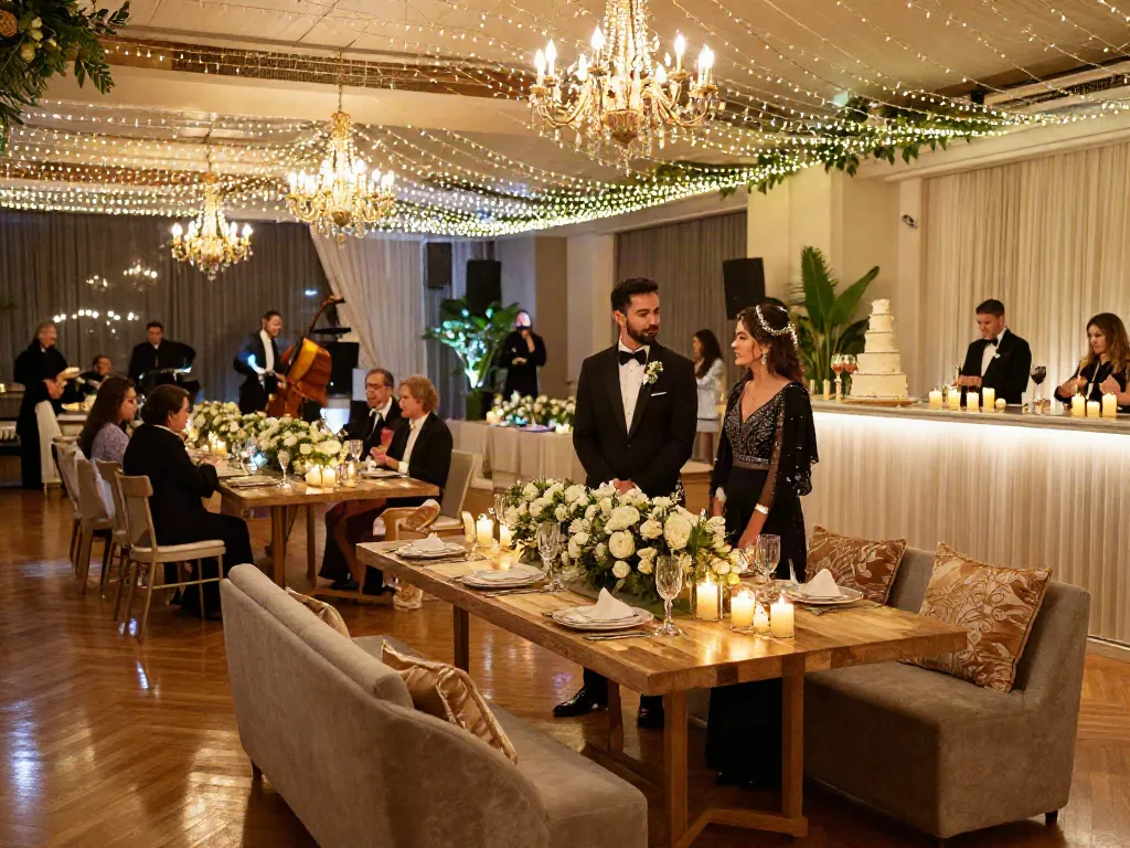 Stunning wedding reception showcasing event rental ksa services with elegant decor and lively atmosphere.