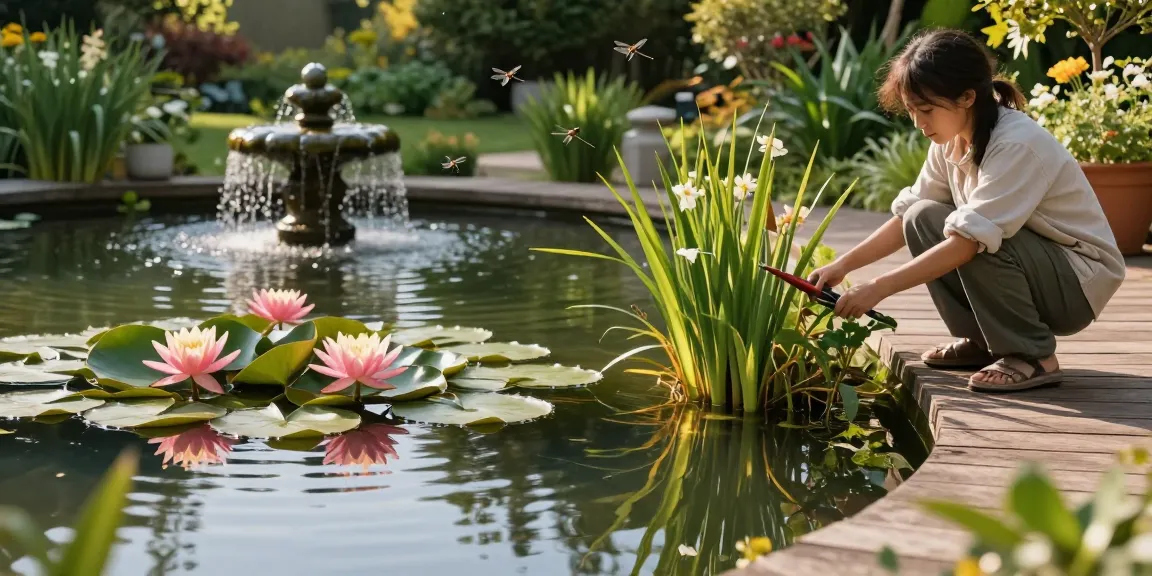 Water Lilies floating on a serene garden pond with a gardener pruning plants, creating a tranquil atmosphere.